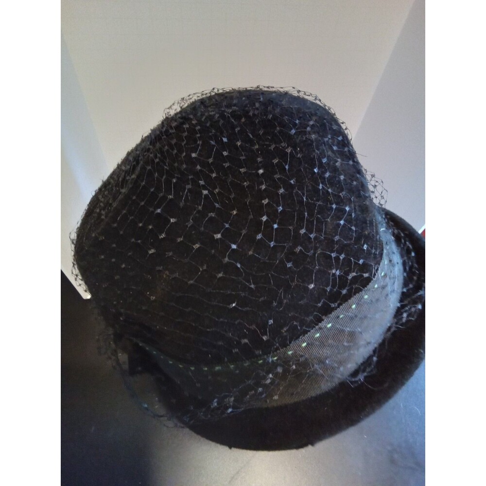 Vintage Merrimac Peachbloom Velour Black Fur Felt Hat Birdcage Veil Green Stitch - Picture 2 of 5
